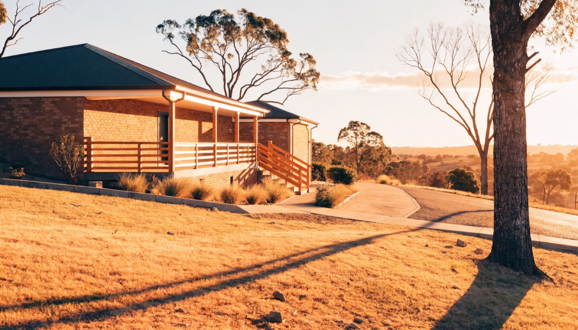 A brick home on a dry hillside with a concrete driveway curving away past a gum tree