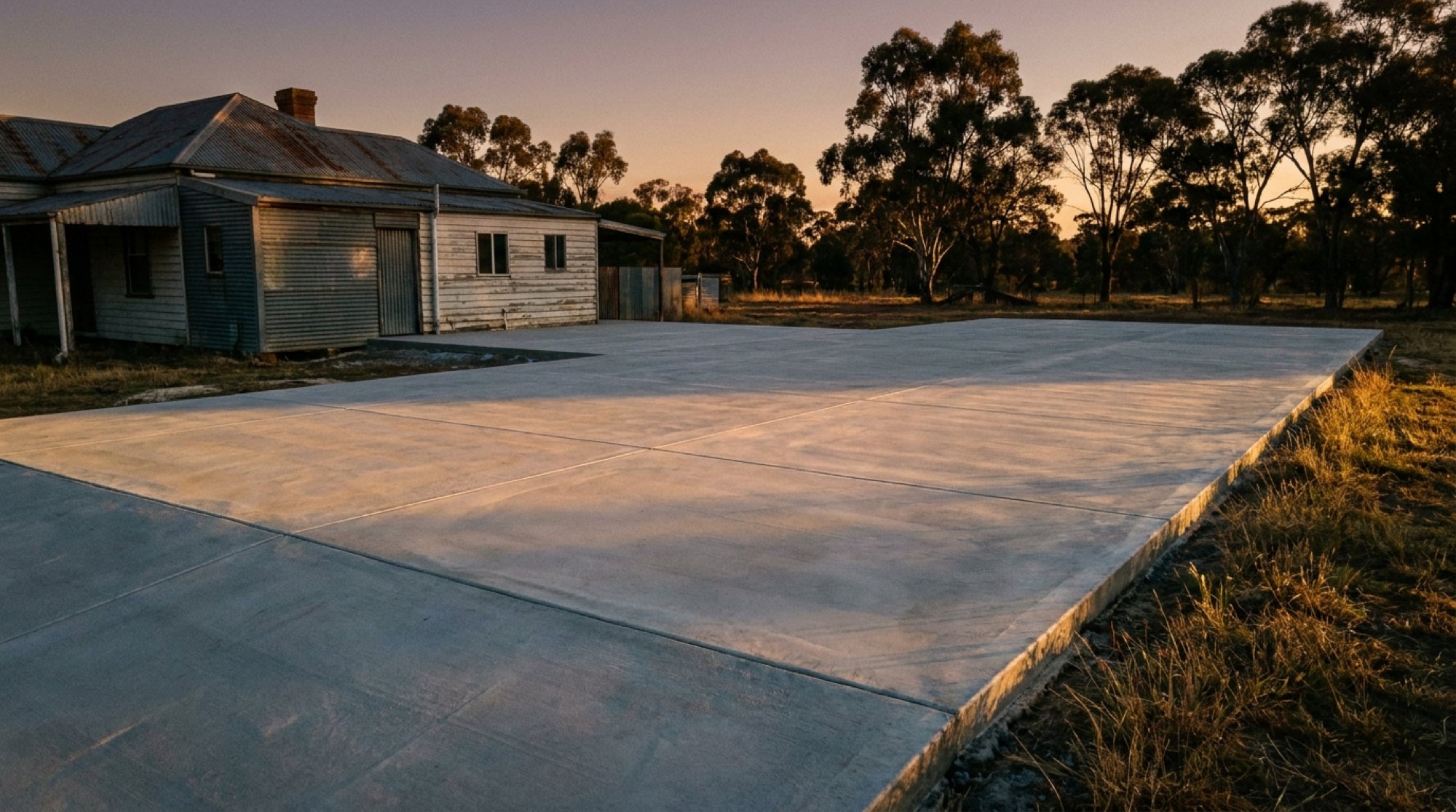 A large concrete slab beside an old corrugated iron farmhouse with gum trees at dusk