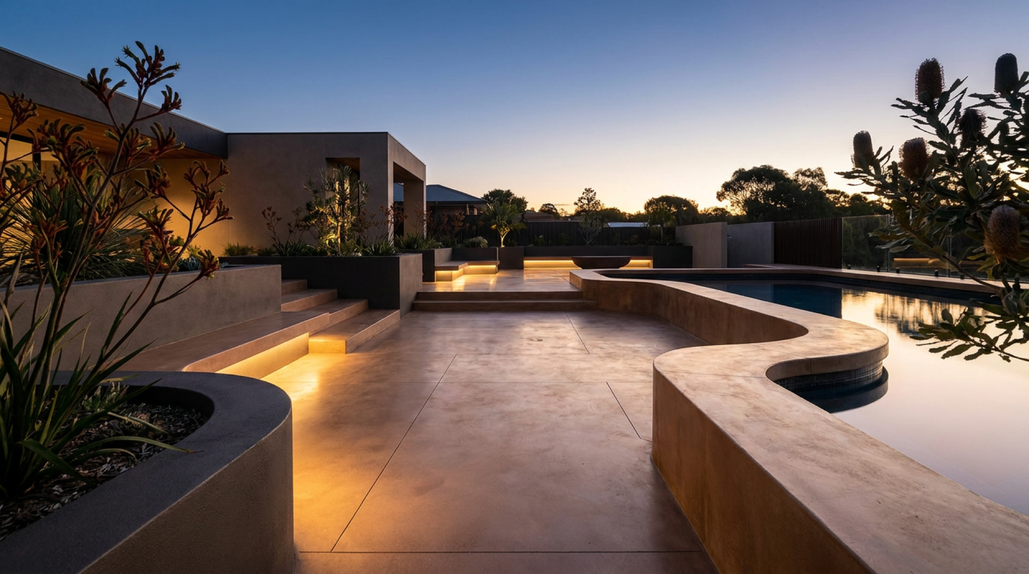 A curved concrete pool terrace lit at dusk with native banksia planting around it