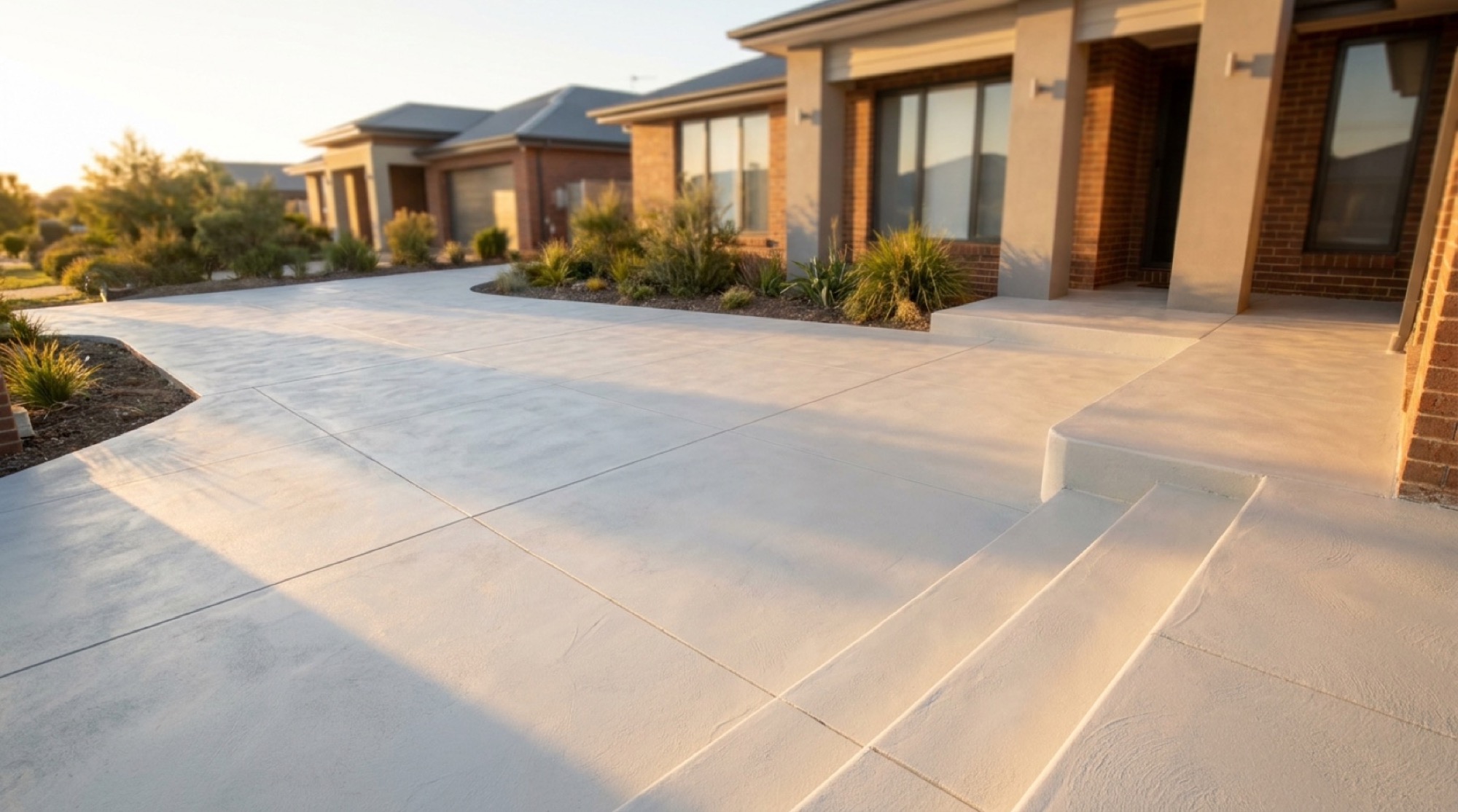 A concrete driveway and entry apron at a brick home with native planting