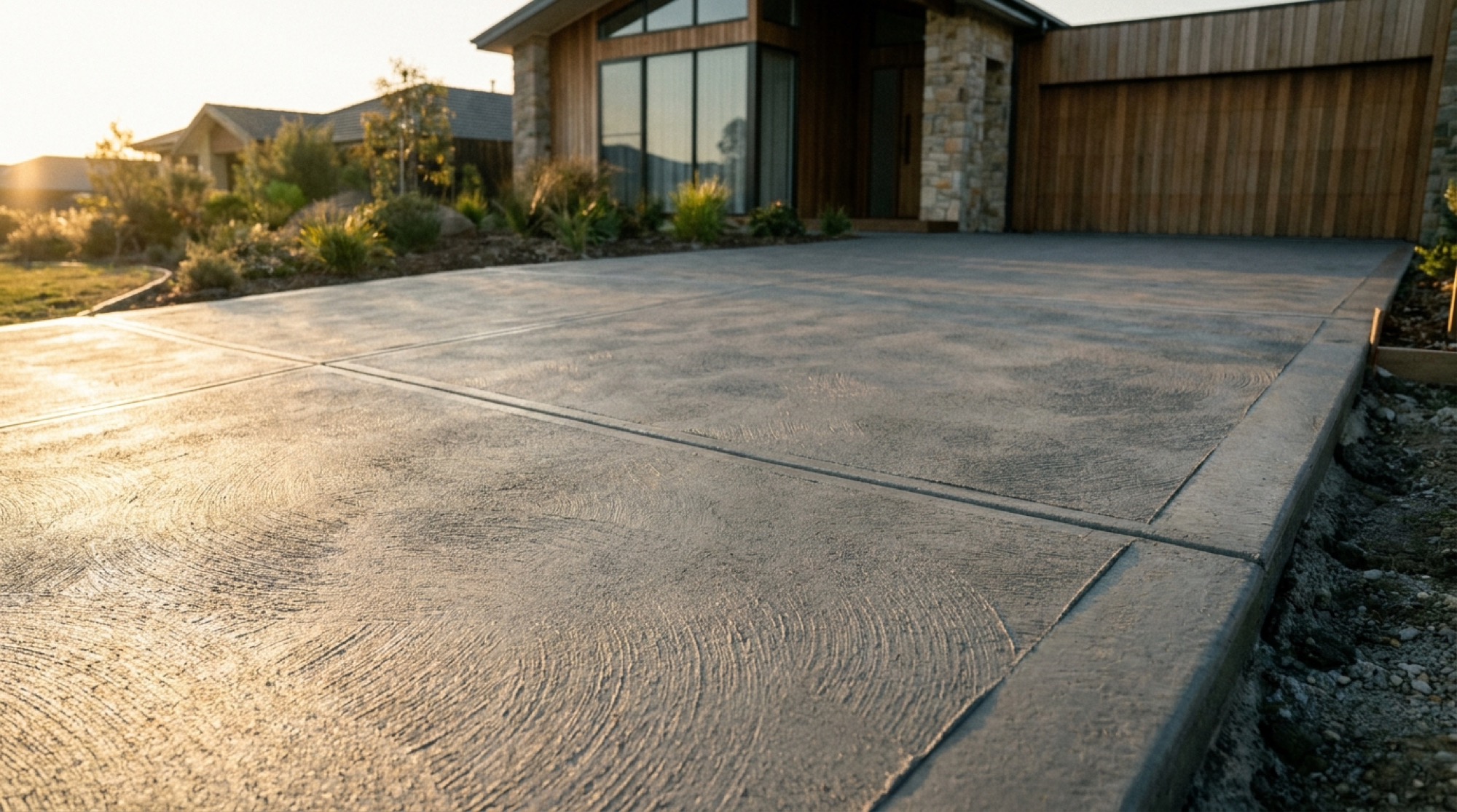 A concrete driveway at a timber and stone home in the late afternoon light