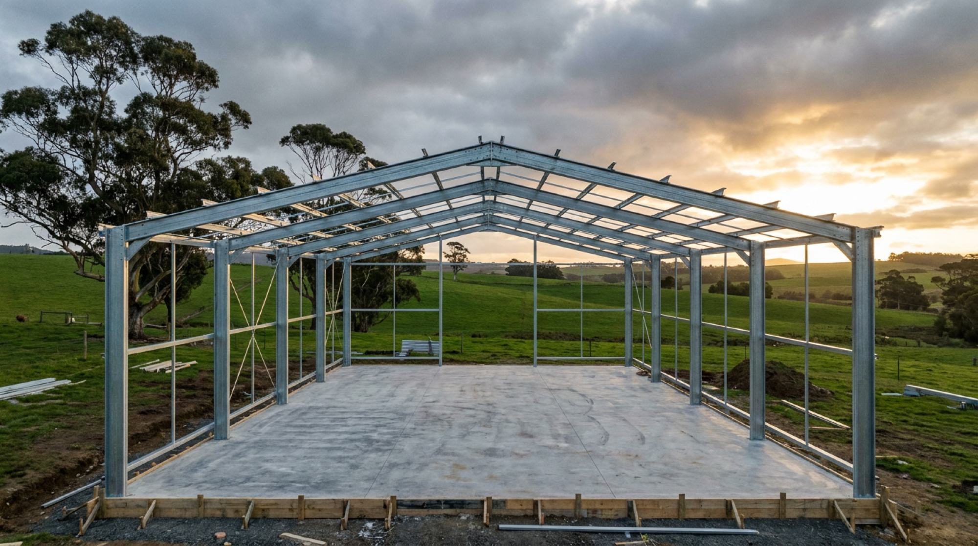 A steel shed frame standing on a finished concrete slab in a paddock at sunset