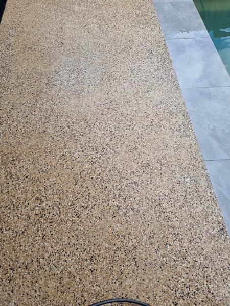 A close view of honey and black exposed aggregate meeting grey paver coping